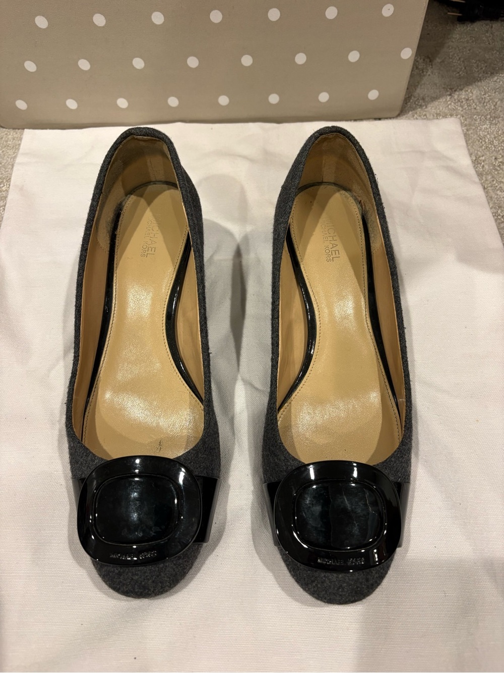 Michael Kors Gray Wool Flats with Black Patent Buckle Accent